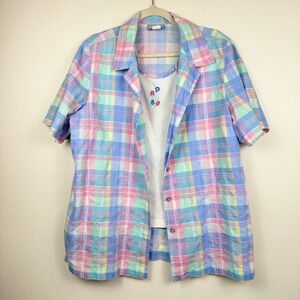 Vintage Blair Pastel Plaid Button Down & Embroidered Tank‎ Set L